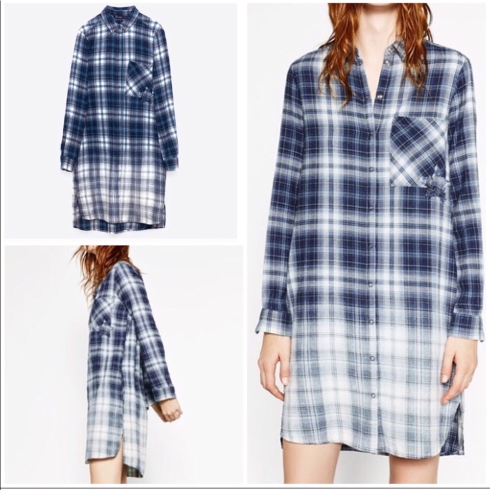 Zara | Plaid Flannel Blue Star Patch Shirt Dress